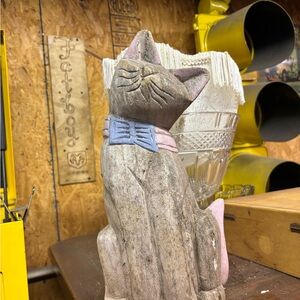 Whimsical Handcarved wooden Cat Figurine - Brown and Pink